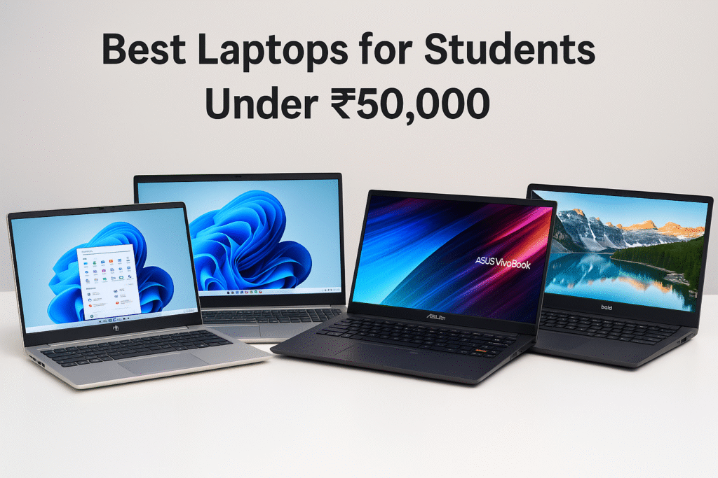 Promotional image showcasing four laptops for students under ₹50,000 placed on a wooden desk with a clean white background and bold black text reading ‘Best Laptops for Students Under ₹50,000.