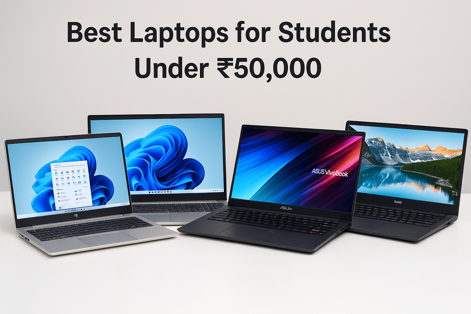 Promotional image showcasing four laptops for students under ₹50,000 placed on a wooden desk with a clean white background and bold black text reading ‘Best Laptops for Students Under ₹50,000.
