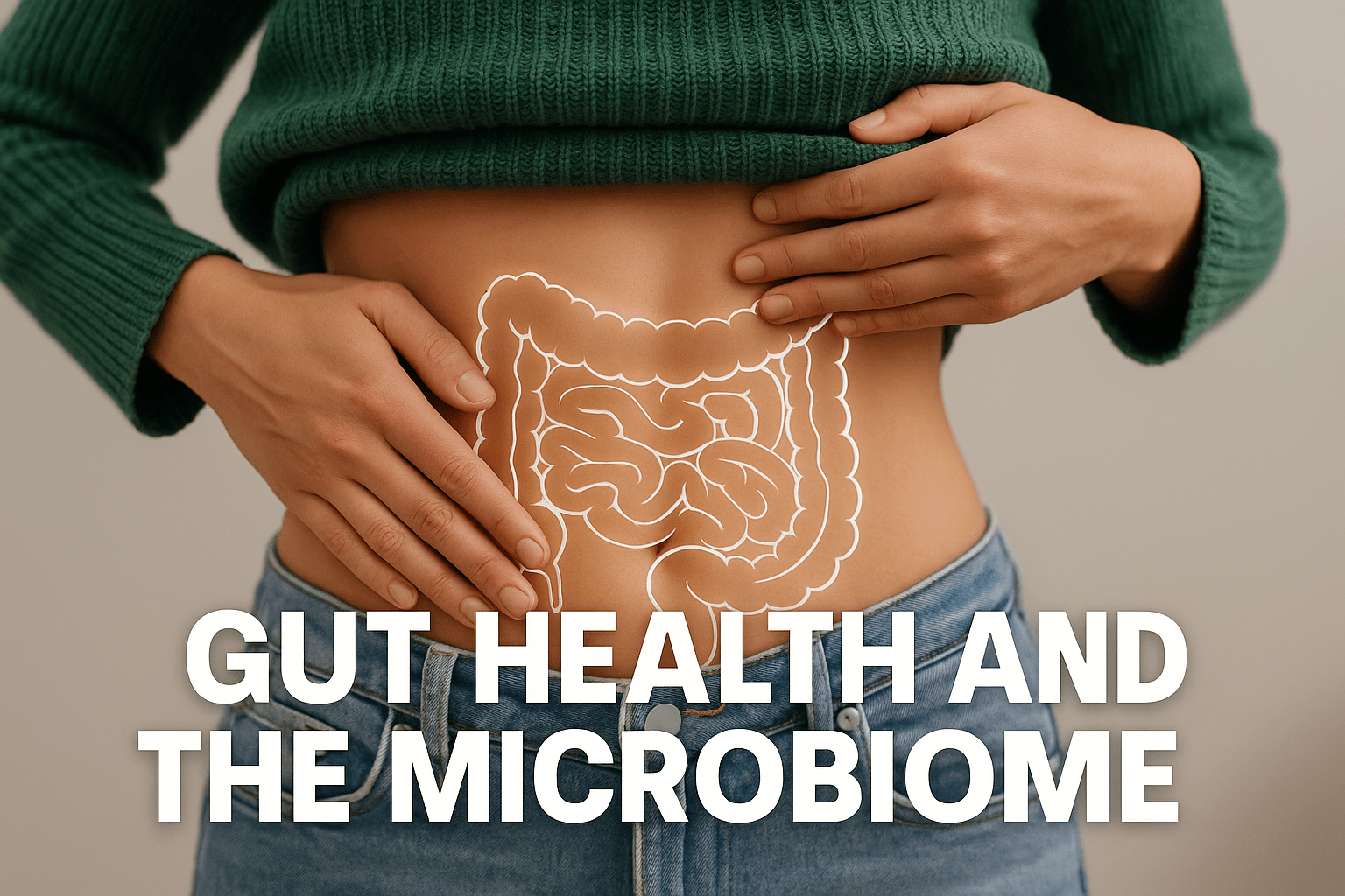 A realistic promotional image of a woman lifting her shirt to reveal a digitally illustrated gut microbiome over her abdomen, with bold text reading “Gut Health – The Microbiome.”