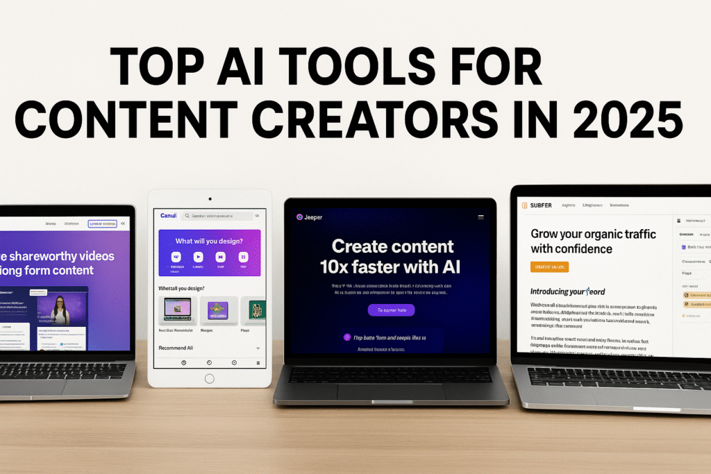 Promotional banner showing top AI tools for content creators in 2025, including Jasper, Canva, Pictory, and Surfer SEO, displayed on digital devices with bold headline.