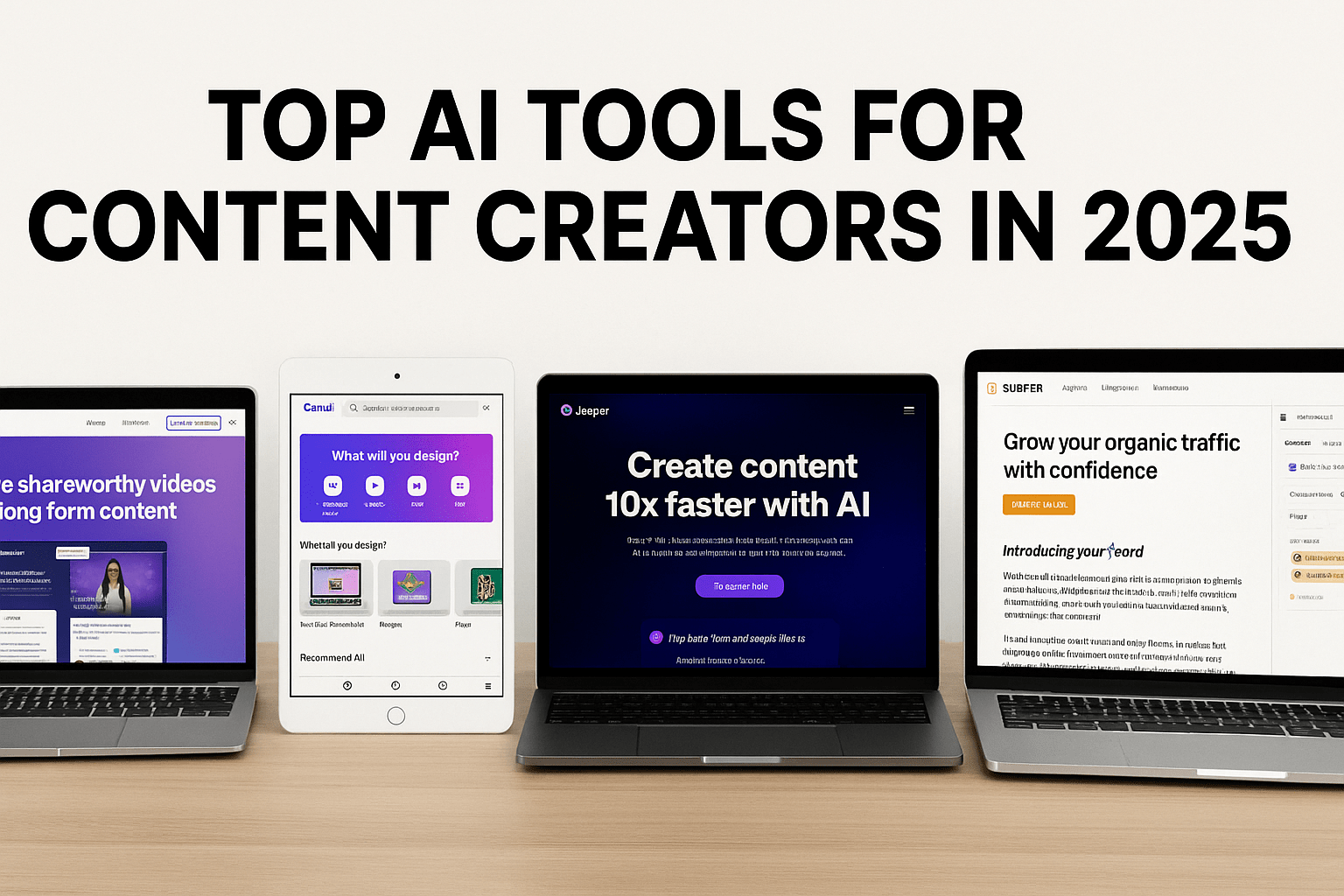 Promotional banner showing top AI tools for content creators in 2025, including Jasper, Canva, Pictory, and Surfer SEO, displayed on digital devices with bold headline.