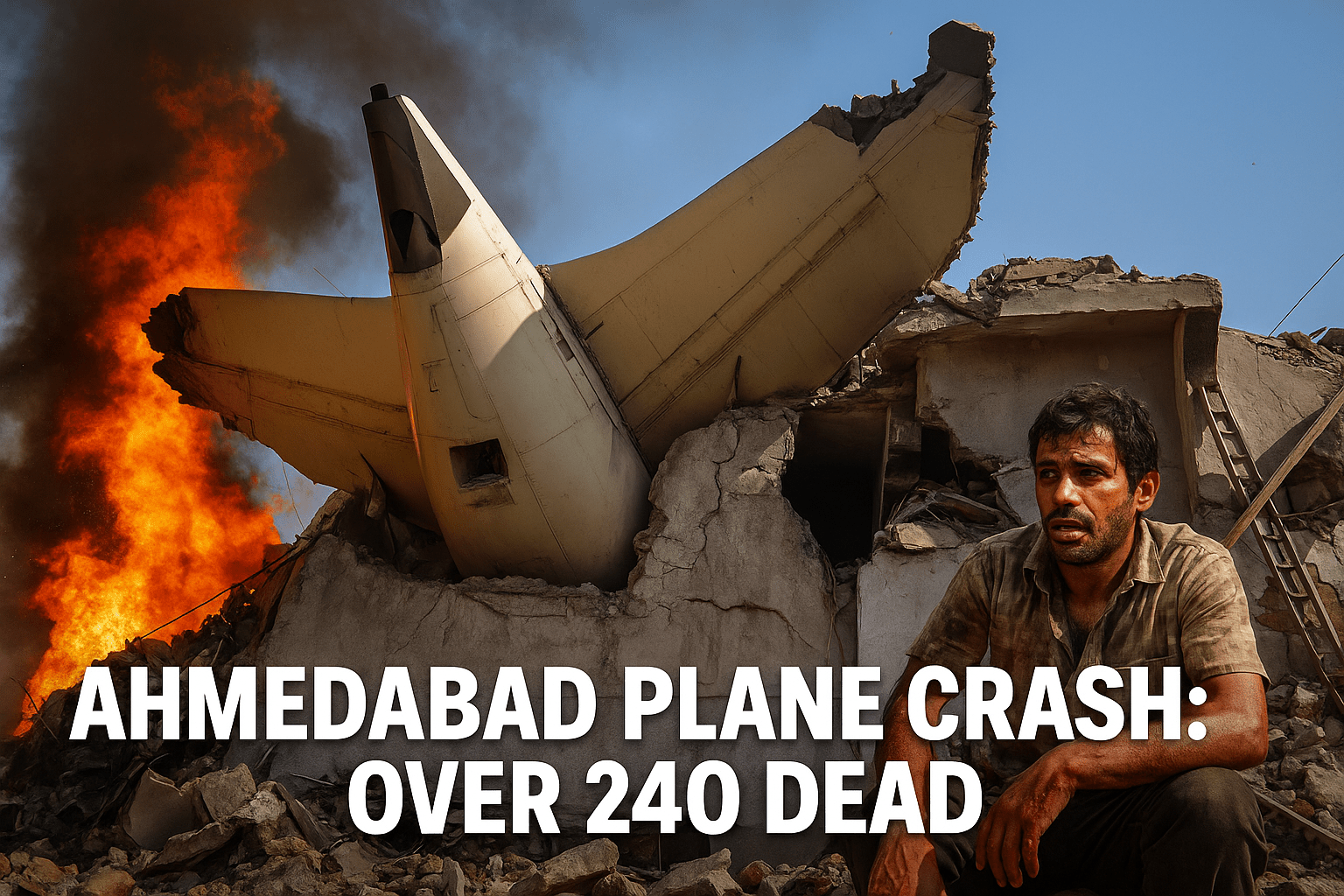 Burning plane wreckage with survivor sitting in front of destroyed building in Ahmedabad plane crash 2025.