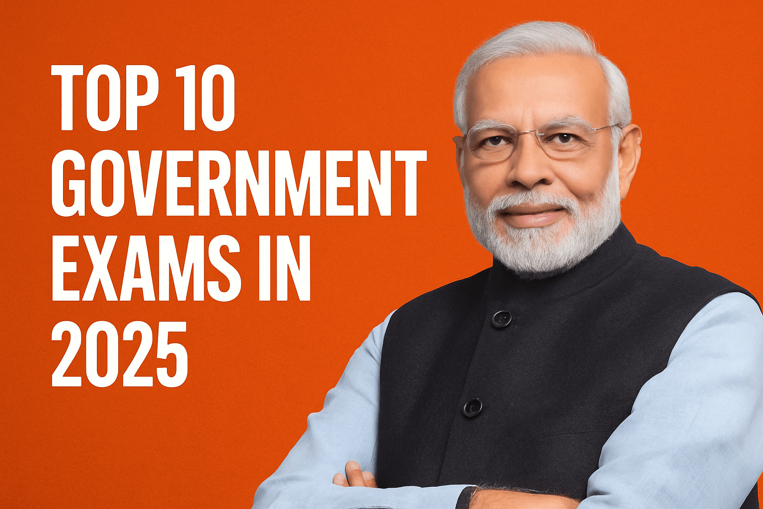 Top 10 Government Exams in 2025 banner with Prime Minister Narendra Modi on orange background