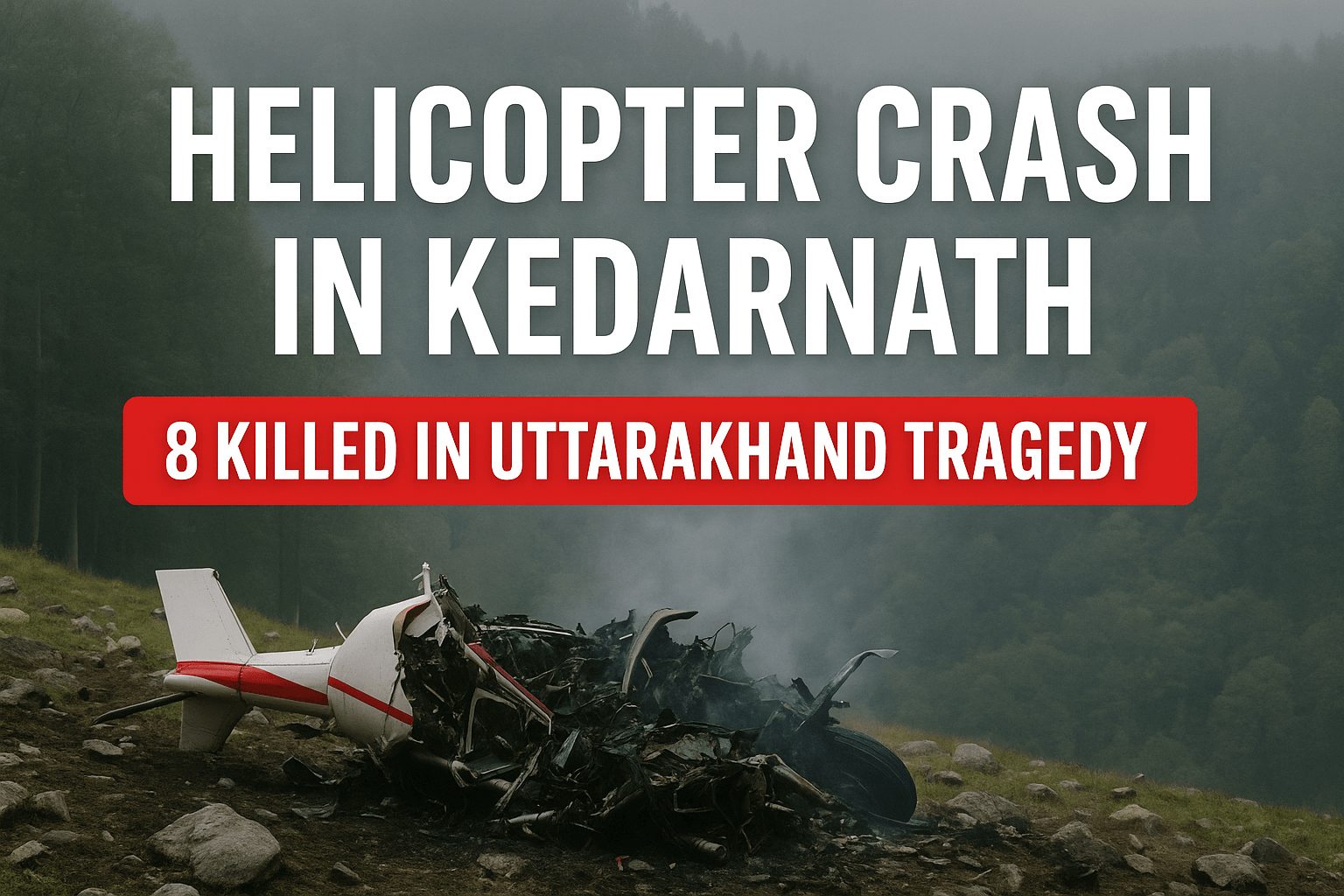 Wreckage of helicopter crash in Kedarnath with forested hills in background, highlighting 8 deaths in Uttarakhand tragedy.