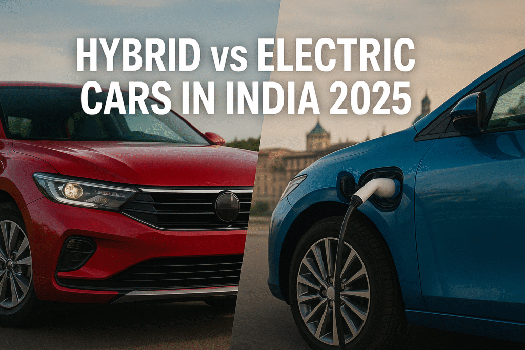 Side-by-side view of a red hybrid car and a blue electric car with the title "Hybrid vs Electric Cars in India 2025" in bold text