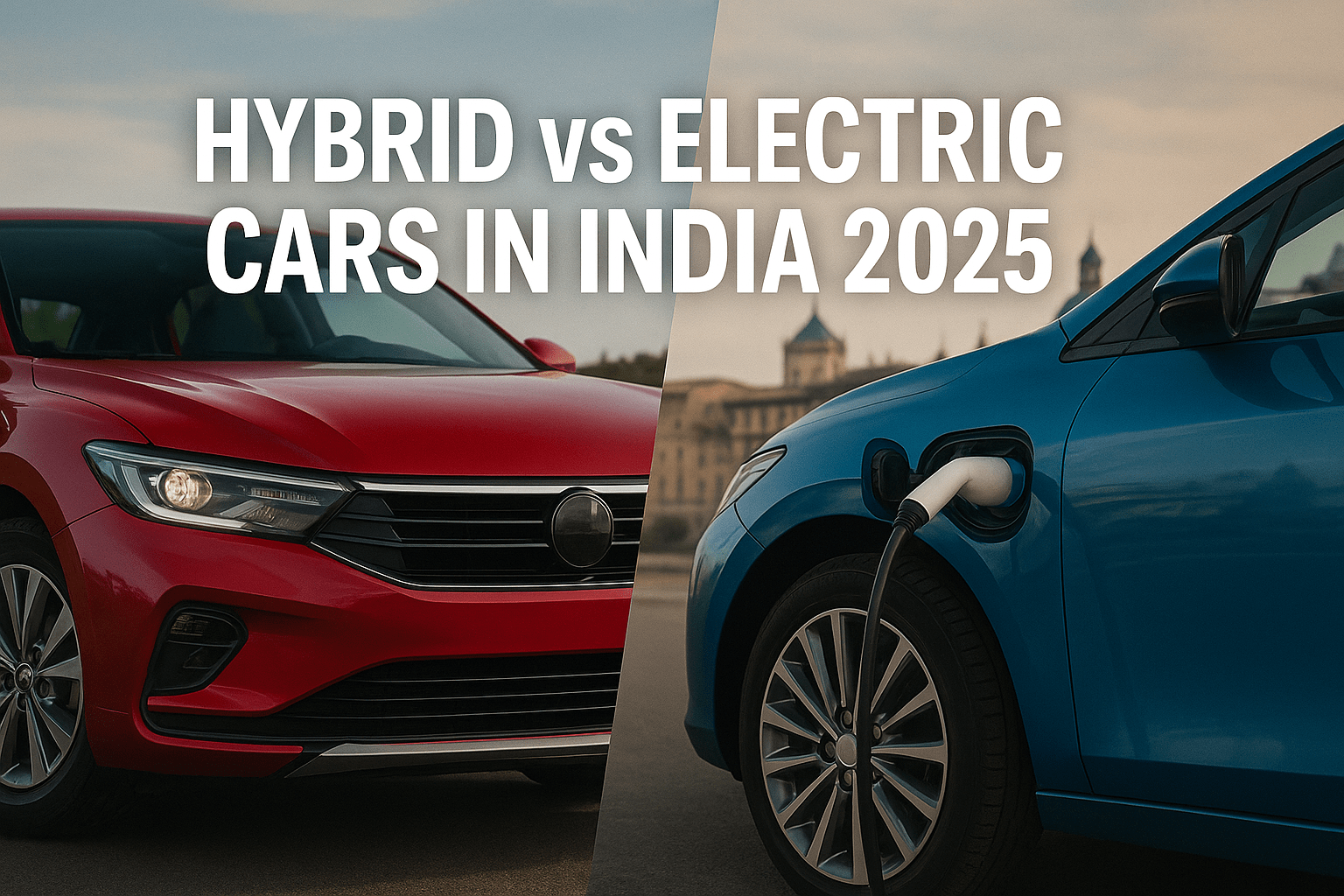 Side-by-side view of a red hybrid car and a blue electric car with the title "Hybrid vs Electric Cars in India 2025" in bold text