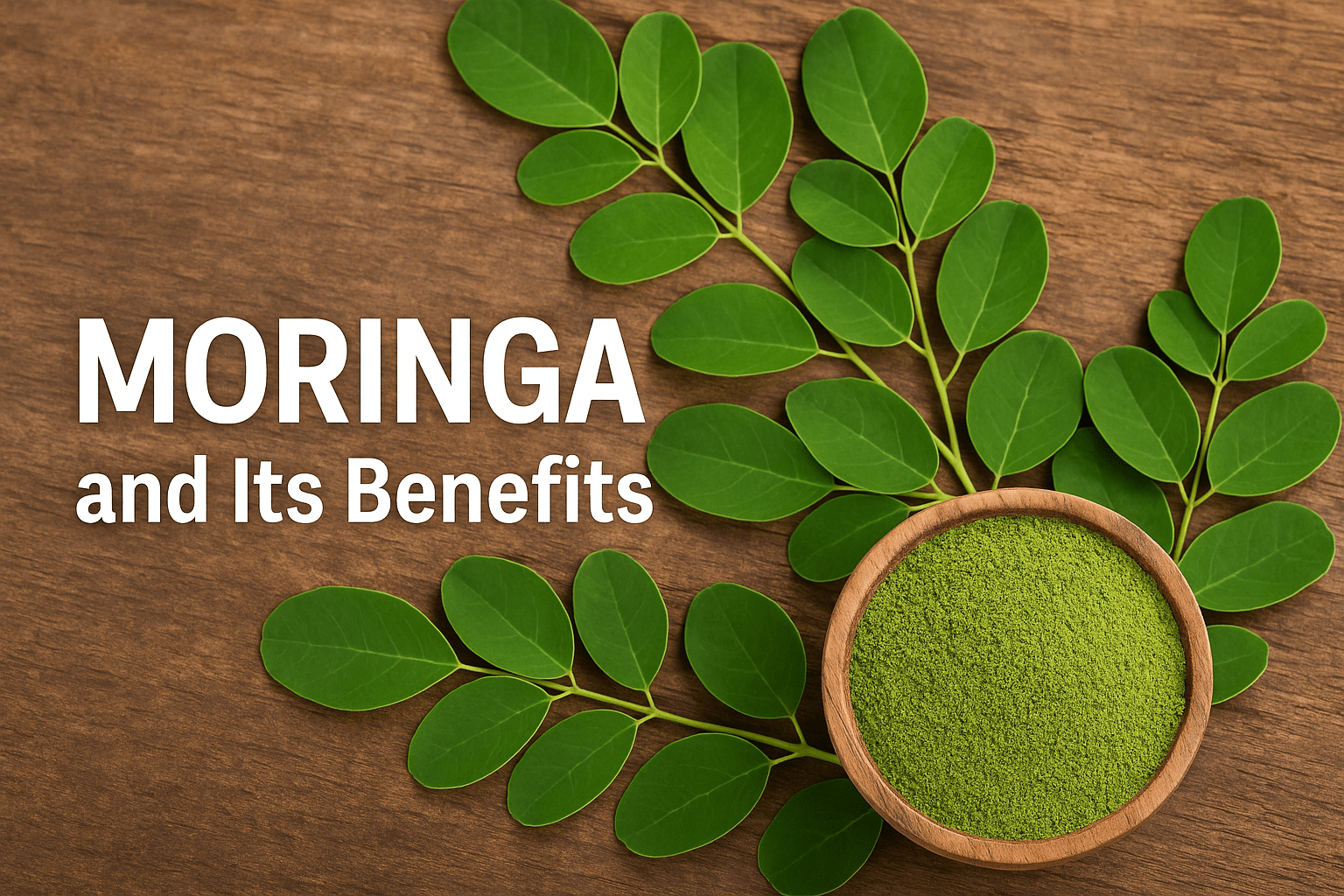 Close-up of fresh moringa leaves and powder with minimal text, promoting natural health benefits