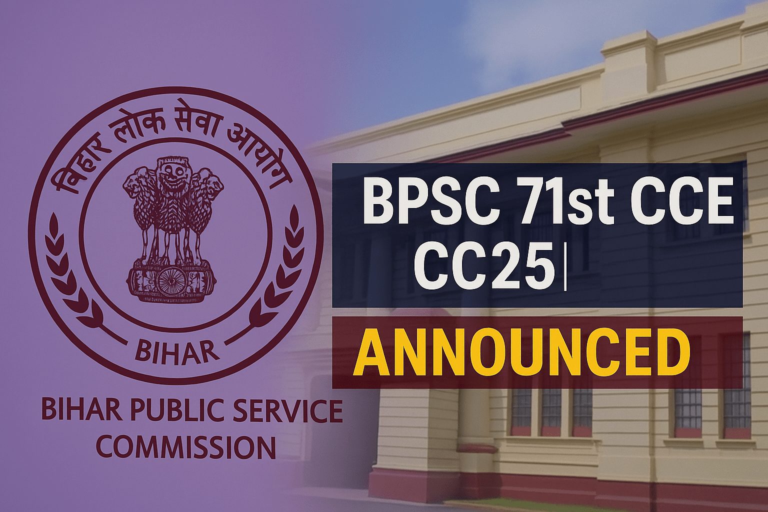 Official announcement banner for BPSC 71st CCE 2025 with Bihar Public Service Commission logo and government building in the background