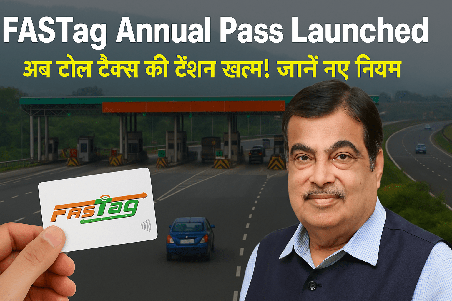 Nitin Gadkari with FASTag card and toll plaza background, announcing FASTag Annual Pass launch in 2025