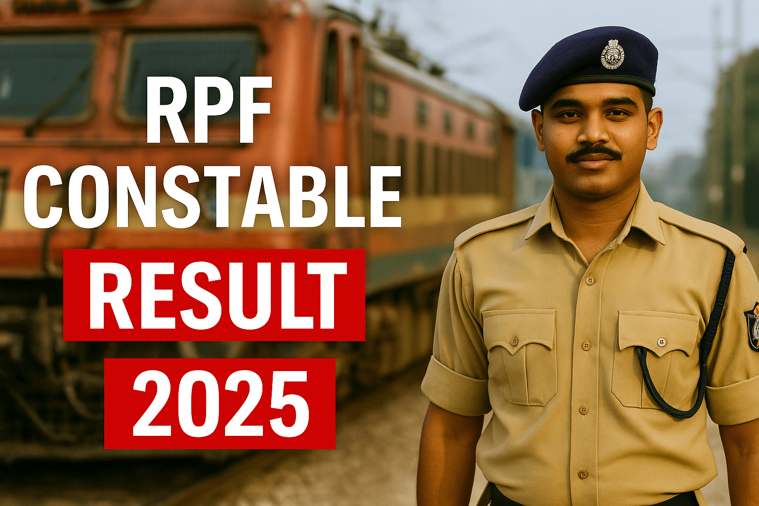 An RPF constable standing beside an Indian Railways train, with bold red text reading “RPF Constable Result 2025 Declared,” designed as a 16:9 featured image.