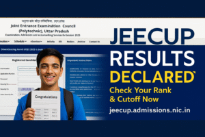 Smiling male student holding a JEECUP 2025 result sheet with subject-wise ranks; blue background with glowing "JEECUP Results Declared" text, polytechnic building silhouette, and floating course icons.