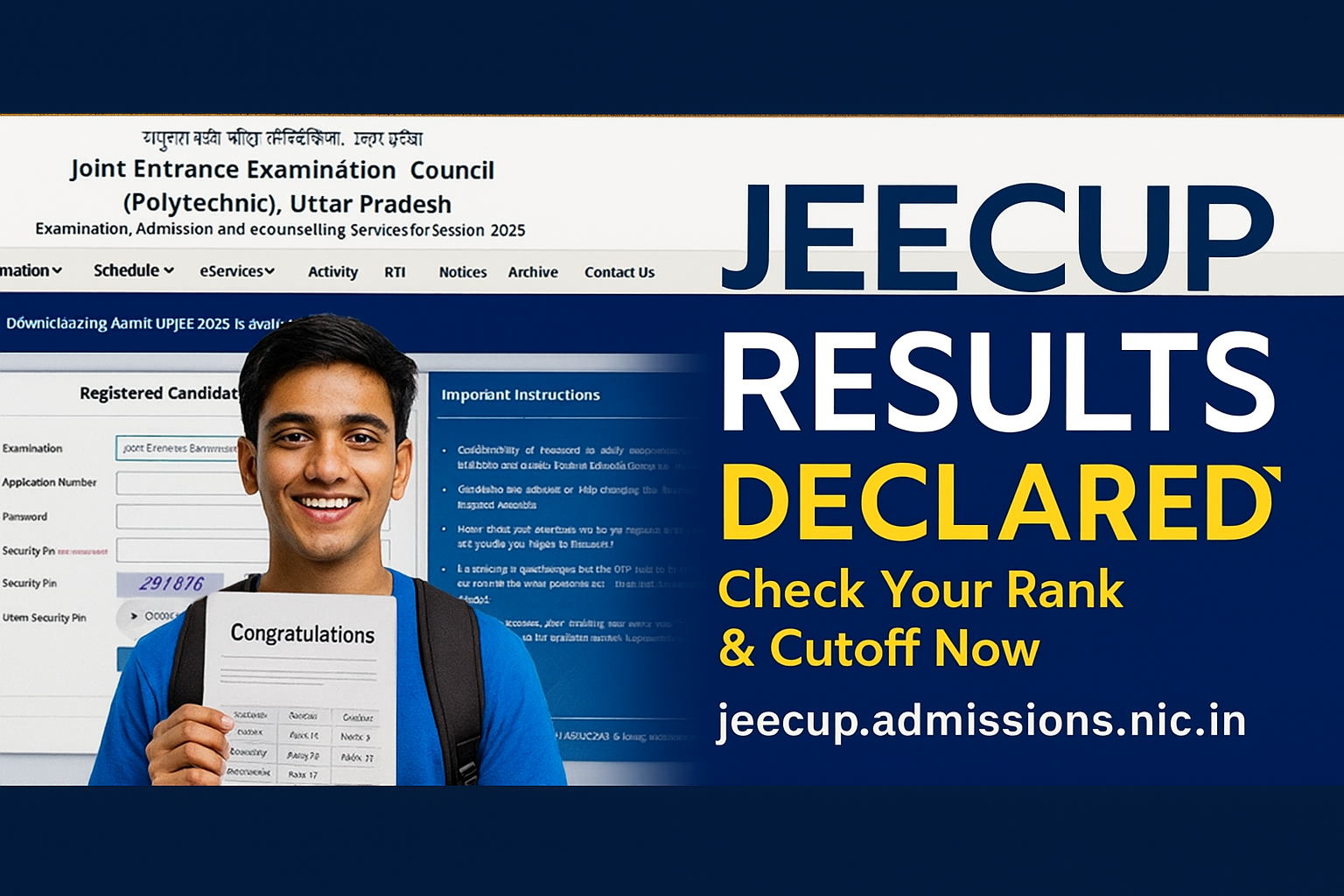 Smiling male student holding a JEECUP 2025 result sheet with subject-wise ranks; blue background with glowing "JEECUP Results Declared" text, polytechnic building silhouette, and floating course icons.