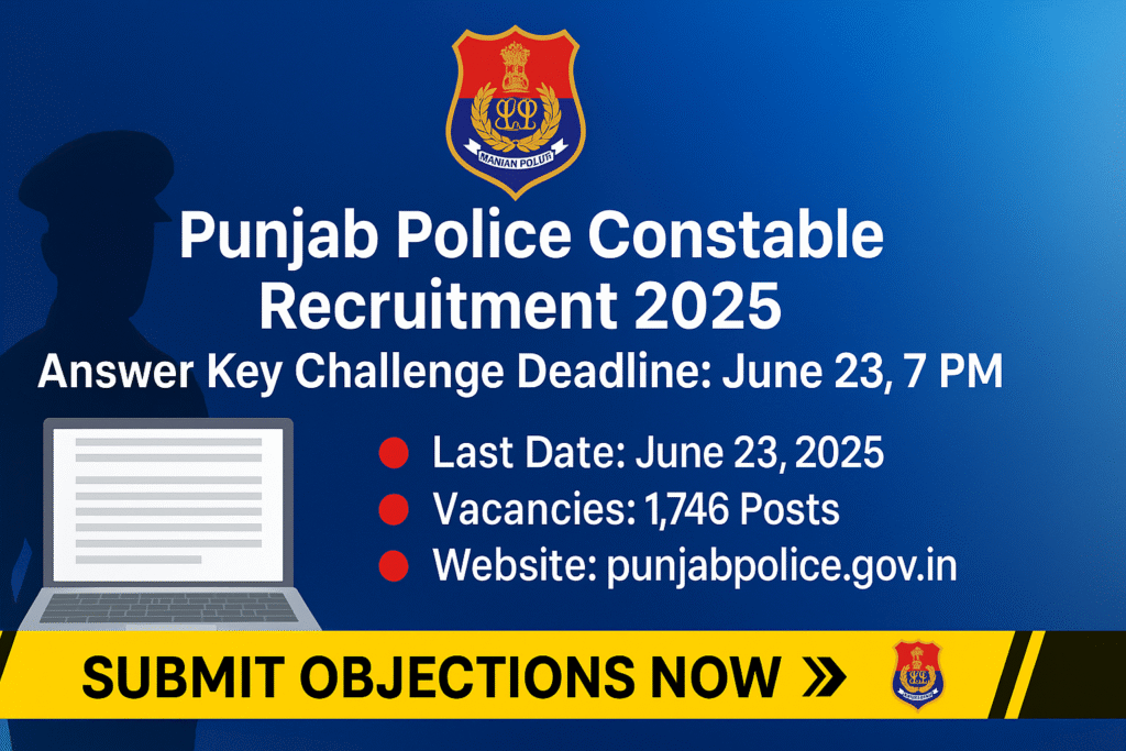 Digital announcement graphic for Punjab Police Constable Recruitment 2025 showing exam details and deadline to submit answer key objections.
