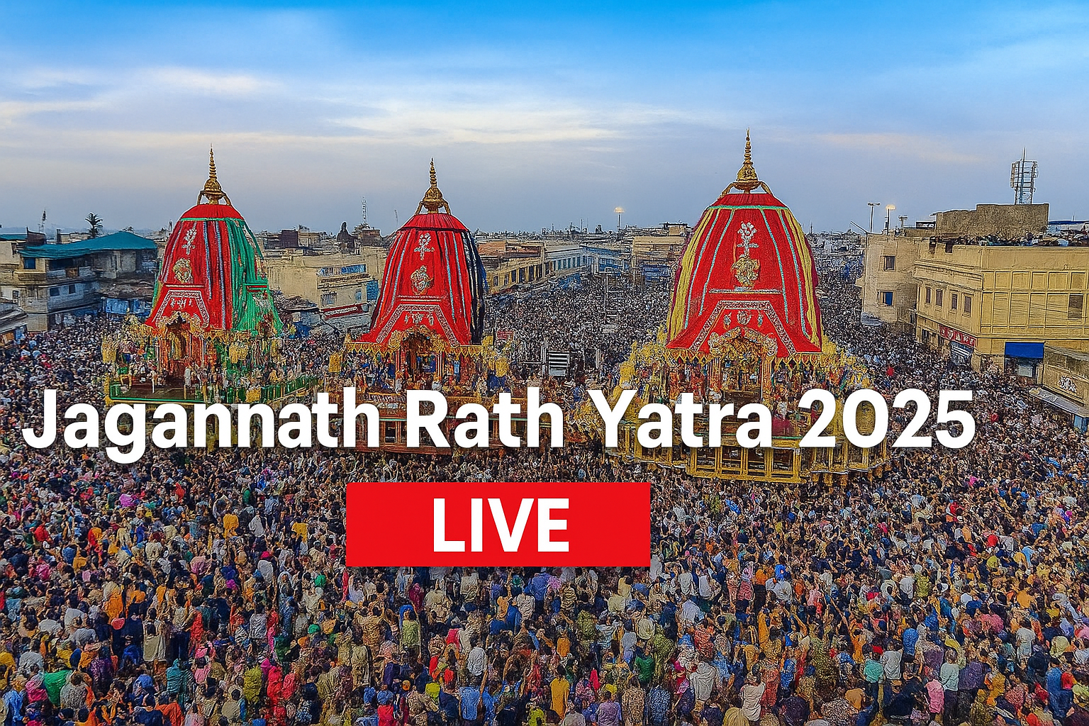 Devotees gather in huge numbers at the Jagannath Rath Yatra 2025, with colorful chariots in view and headline text in center.