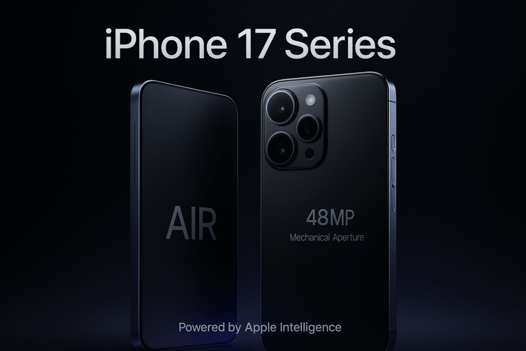 Hyper-realistic banner showcasing Apple’s iPhone 17 Series with the ultra-thin iPhone Air and iPhone 17 Pro Max against a dark futuristic background, highlighting 48MP camera and sleek design.