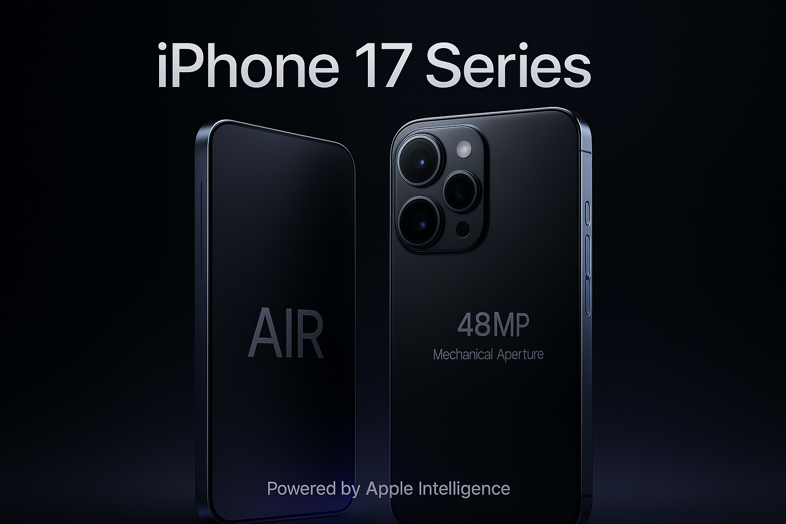 Hyper-realistic banner showcasing Apple’s iPhone 17 Series with the ultra-thin iPhone Air and iPhone 17 Pro Max against a dark futuristic background, highlighting 48MP camera and sleek design.