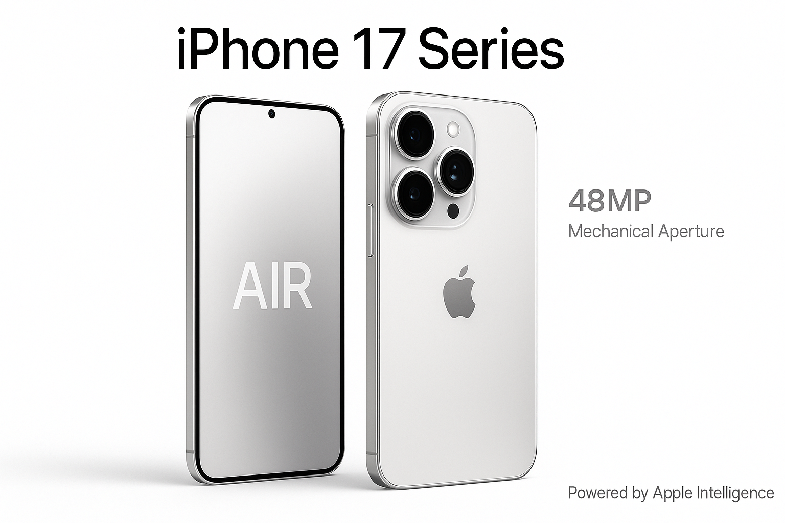Hyper-realistic banner showcasing Apple’s iPhone 17 Series with the ultra-thin iPhone Air and iPhone 17 Pro Max against a dark futuristic background, highlighting 48MP camera and sleek design.

