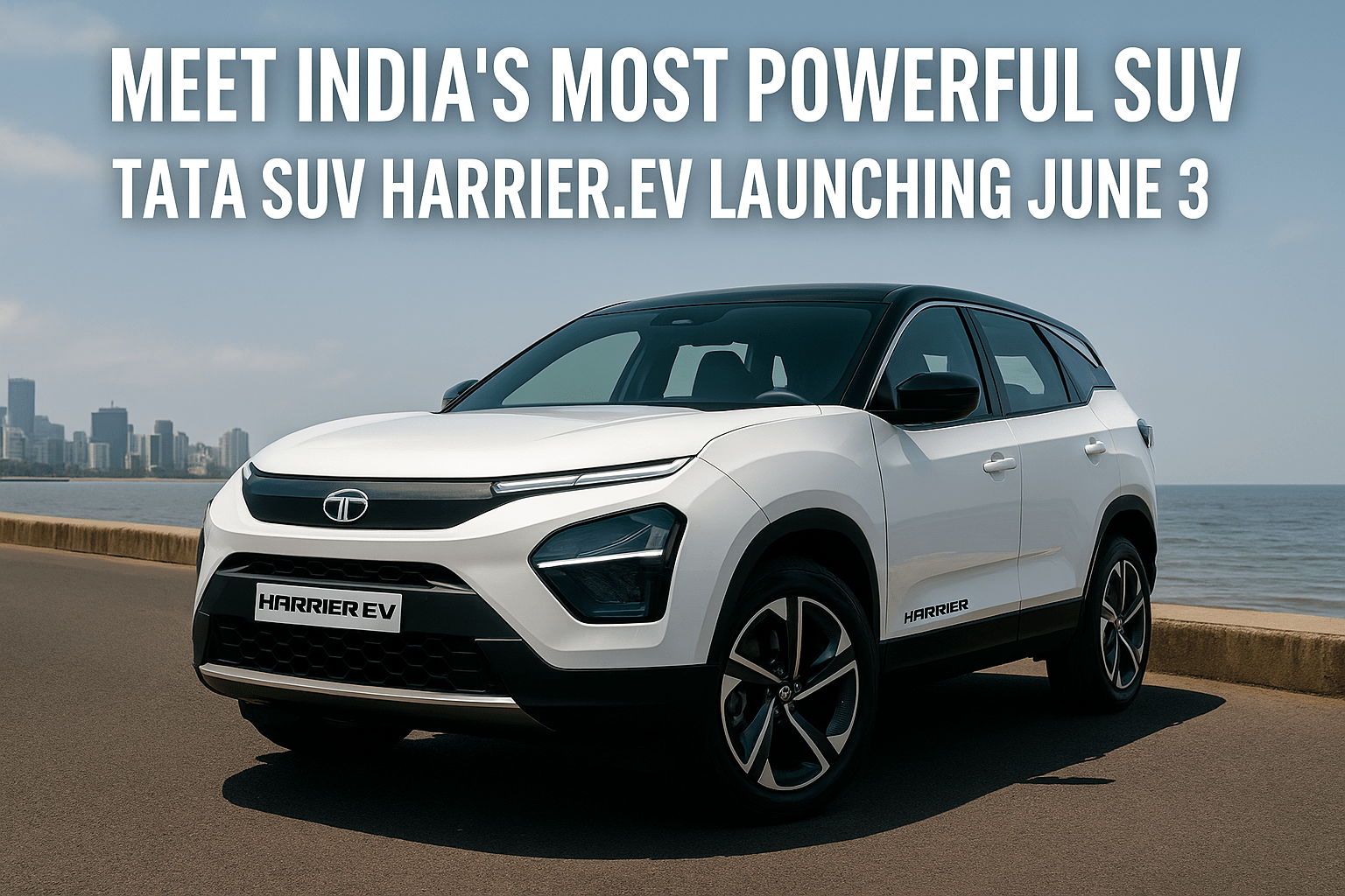 Tata Harrier.EV electric SUV parked by the sea, front-left view, with city skyline in background.