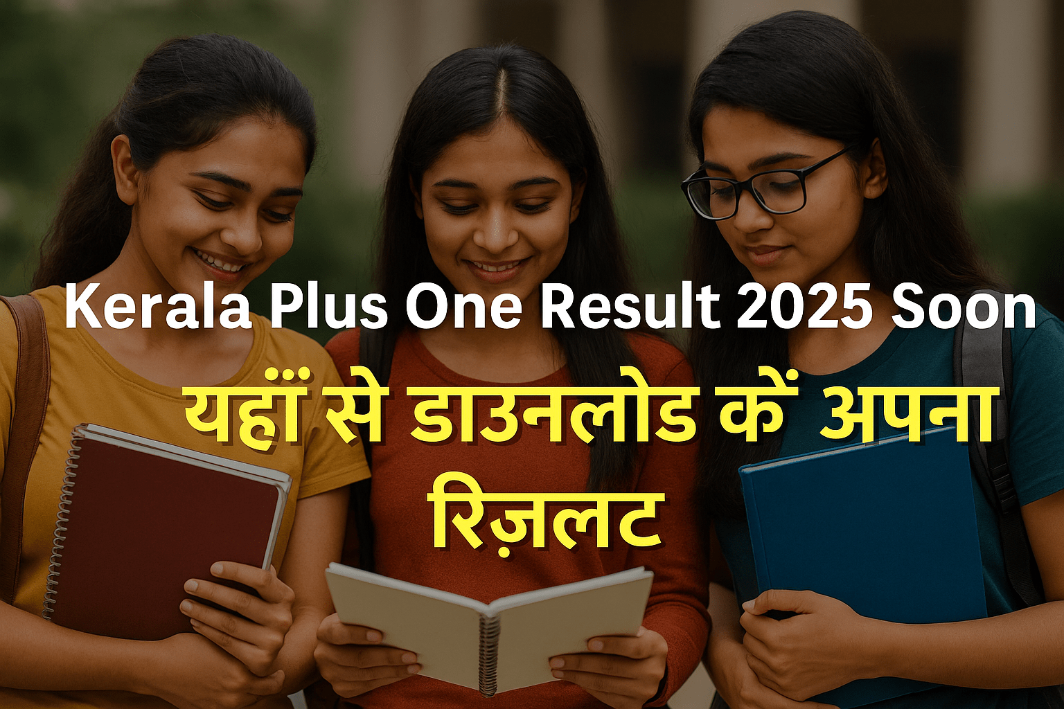 Three Indian female students reading notebooks with Kerala Plus One Result 2025 announcement text overlay.