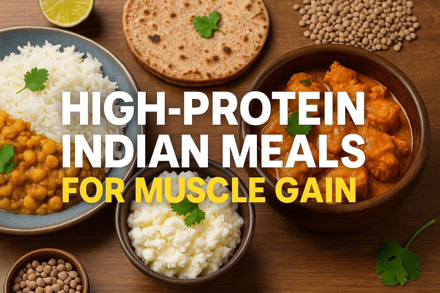 Clickbait-style digital image of traditional high-protein Indian meals like paneer, dal, and grilled chicken, highlighting a muscle gain diet plan.