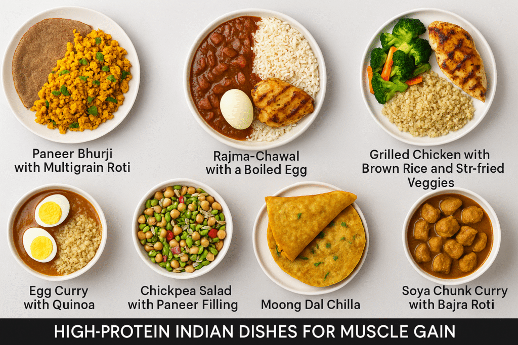 High-resolution image displaying seven high-protein Indian meals including paneer bhurji, rajma-chawal, grilled chicken, egg curry, chickpea salad, moong dal chilla, and soya chunk curry for muscle building.