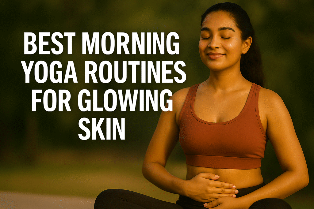 A young South Asian woman practices morning yoga outdoors in lotus position with her eyes closed and a calm expression, glowing skin highlighted by natural sunlight. Text reads: “Best Morning Yoga Routines for Glowing Skin.”