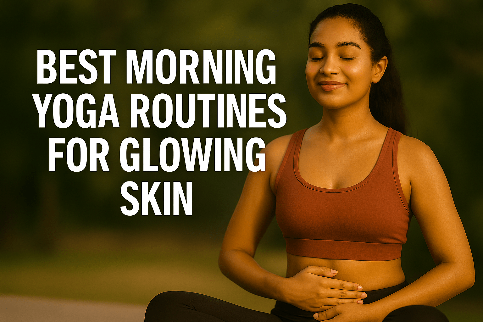 A young South Asian woman practices morning yoga outdoors in lotus position with her eyes closed and a calm expression, glowing skin highlighted by natural sunlight. Text reads: “Best Morning Yoga Routines for Glowing Skin.”